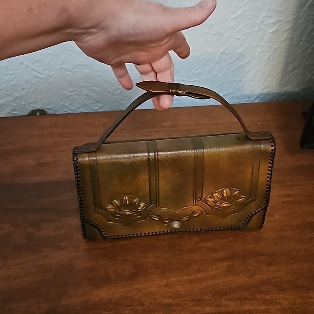 Antique Art Nouveau Tooled Floral Leather Expandable Wallet Clutch Bag - Picture 13 of 16